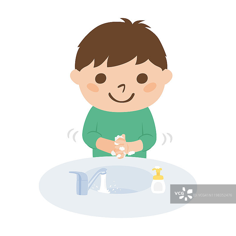 疾病预防说明。一个男孩用肥皂洗手以避免感冒。图片素材