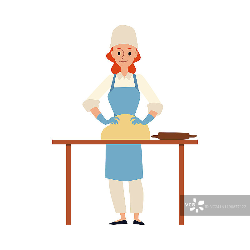 卡通面包师揉面团的妇女在厨师帽和围裙站在桌子图片素材
