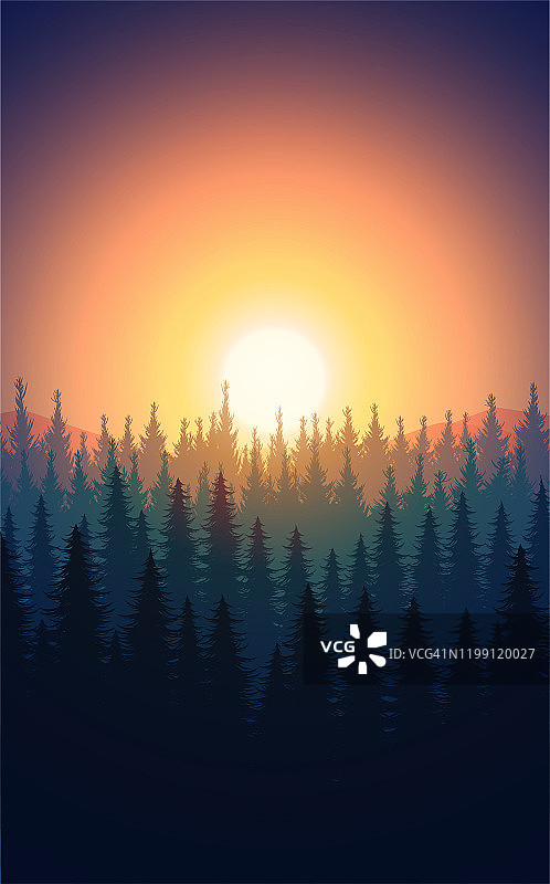 自然森林自然松林山地平线景观墙纸山湖景观剪影树天空日出日落插图向量风格多彩的视图背景图片素材