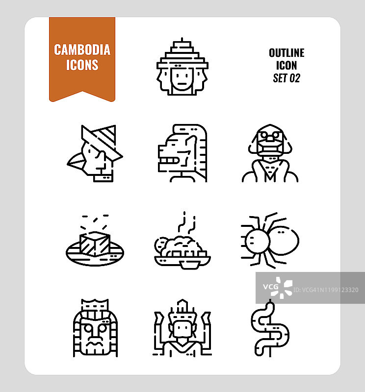 柬埔寨图标2。包括地标、艺术、食物、文化等等。轮廓图标设计。矢量图图片素材