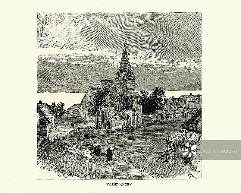 村庄和教堂，Vossevangen，挪威，19世纪图片素材