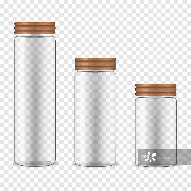 透明的玻璃储存罐与螺旋竹盖透明背景，矢量模型集。空的食物罐，写实的插图图片素材
