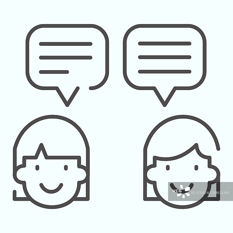 对话细线图标。两个说话的人矢量插图孤立在白色。聊天聊天大纲风格设计，专为网页和应用设计。Eps 10。图片素材