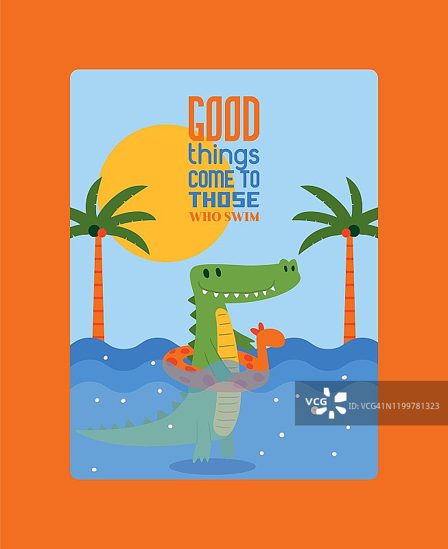 好东西来游海报矢量插图。鳄鱼在水中以长颈鹿的形式在橡胶圈中游泳。棕榈树和灿烂的阳光。微笑和快乐的鳄鱼。图片素材