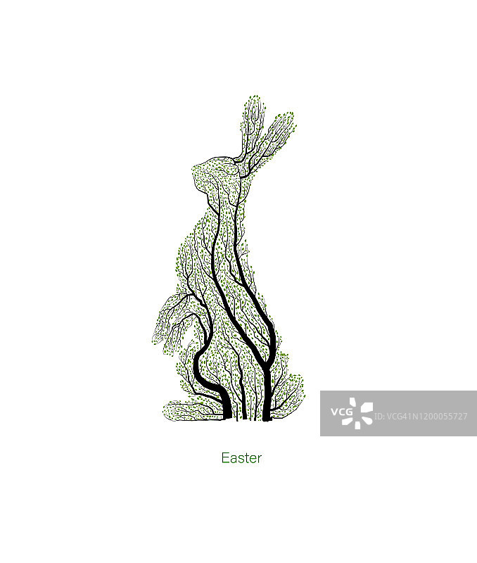 复活节概念，复活节野兔像树，绿色伊斯特节日的概念，生态生产，矢量图片素材