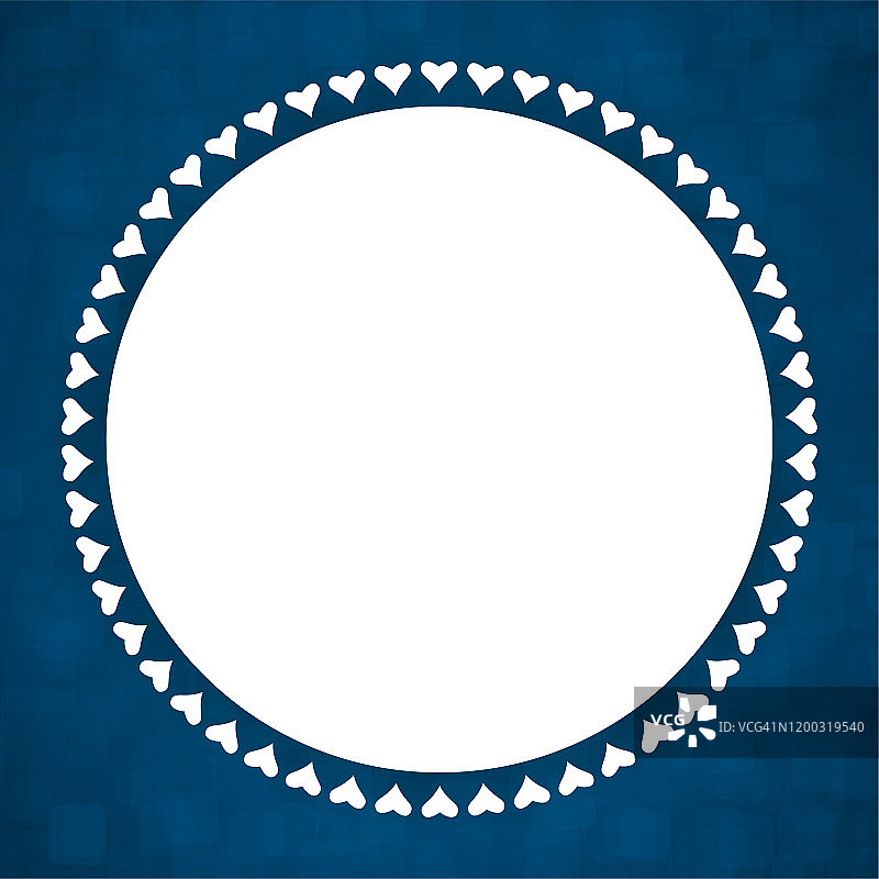 这是一个创造性的深蓝背景的矢量插图，带有白色的圆形补丁和白色的小心形，作为一个边界排列在它周围图片素材