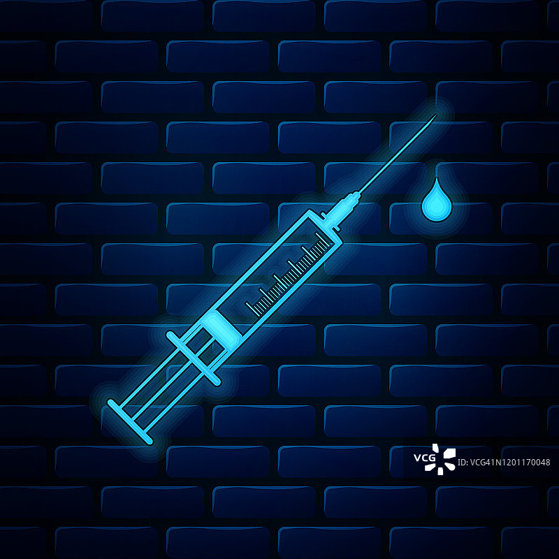 发光的霓虹灯医疗注射器与针和下降图标隔离在砖墙的背景。注射器上标明疫苗，接种疫苗，注射，流感疫苗。矢量图图片素材