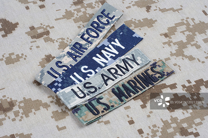 美国军事概念与分支胶带和狗牌伪装制服图片素材