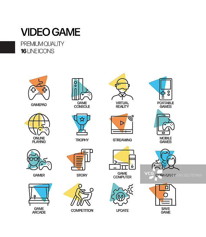 视频游戏相关的聚光灯矢量线图标的简单设置。大纲符号集合图片素材