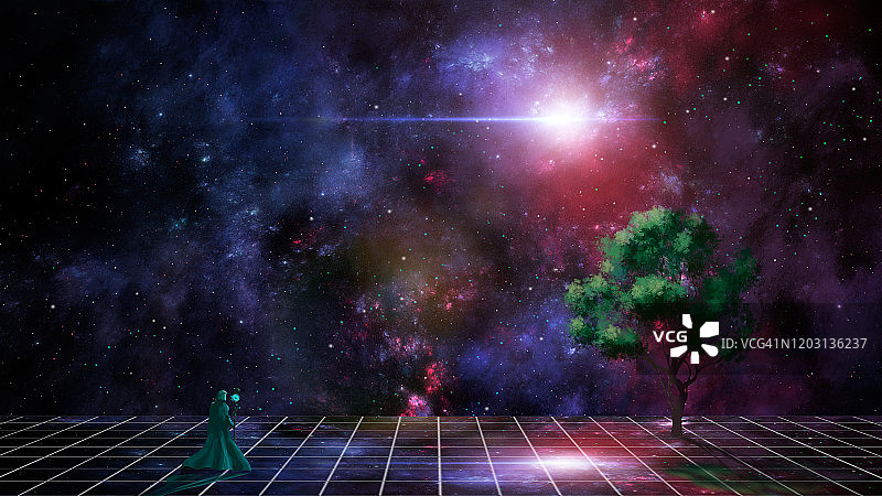 空间场景。魔术师走在有树和彩色分形星云的反射地板上。数字绘画图片素材