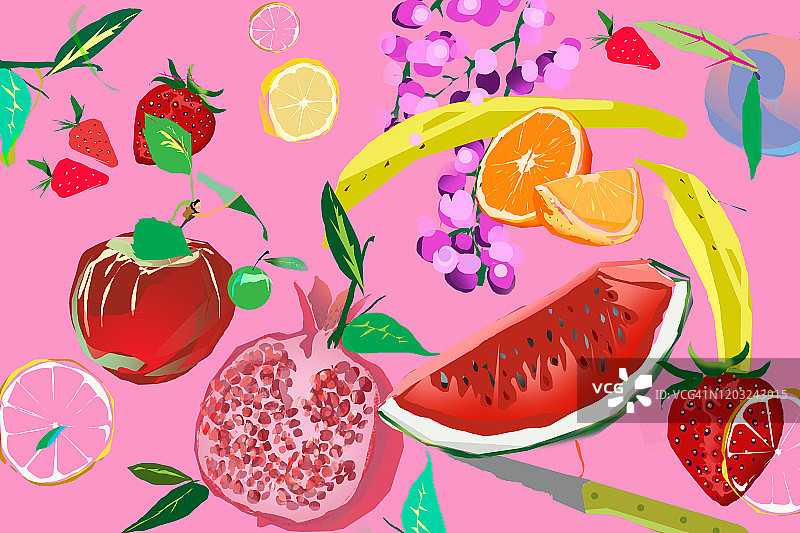 粉红色背景上的水果成分图片素材