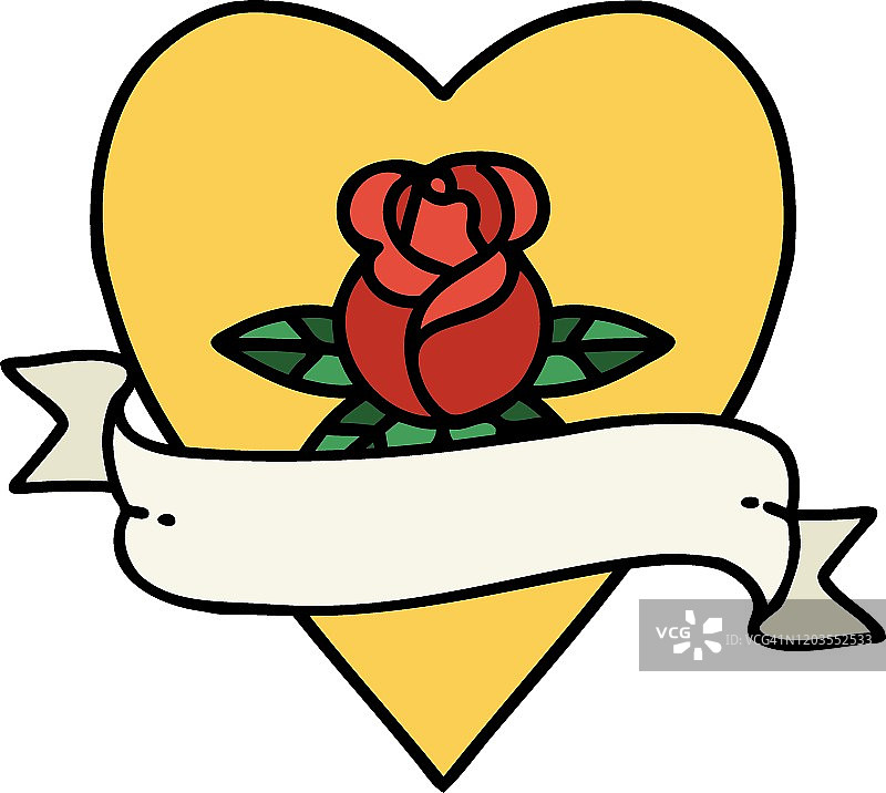 传统的心形玫瑰和旗帜纹身图片素材