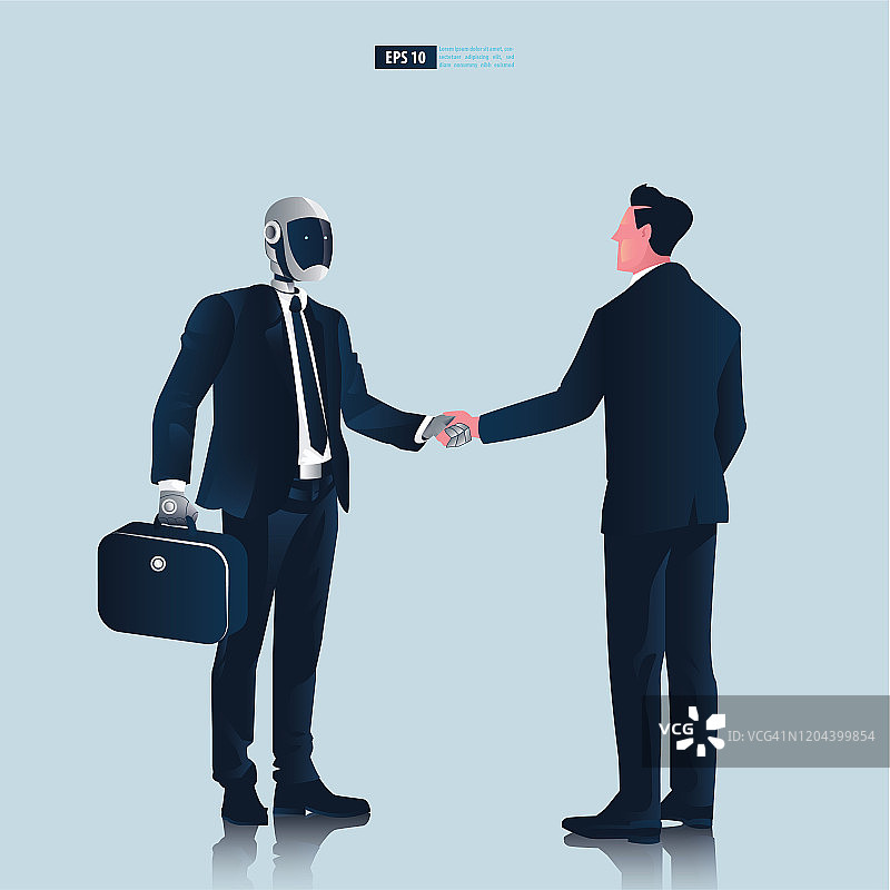 具有人工智能技术概念的未来类人商务人士。商人和机器人握手协商矢量图图片素材
