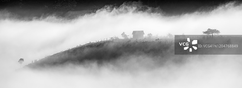 抽象的孤独的木屋和一棵树隐藏在山上的雾与戏剧性的风景和光线在日出，照片的单色图片素材