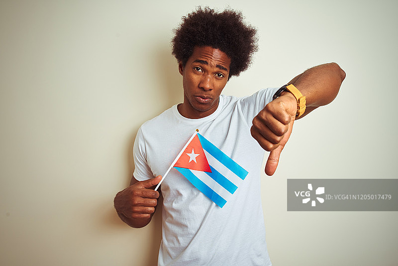 年轻的非洲裔美国人举着古巴国旗站在孤立的白人背景上，脸上带着愤怒，消极的标志，表示不喜欢，拇指朝下，拒绝的概念图片素材