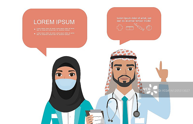 两个阿拉伯医生。不同的国籍。医院医疗团队概念。人物角色设置在各种姿势与讲话气泡图片素材