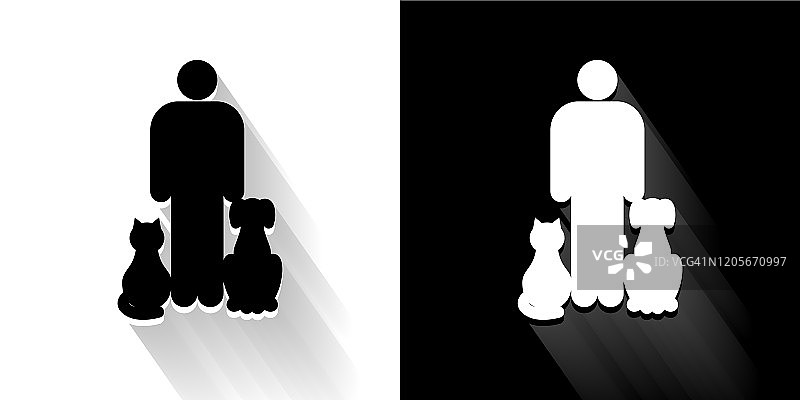 猫和狗主人黑色和白色图标与长影子图片素材
