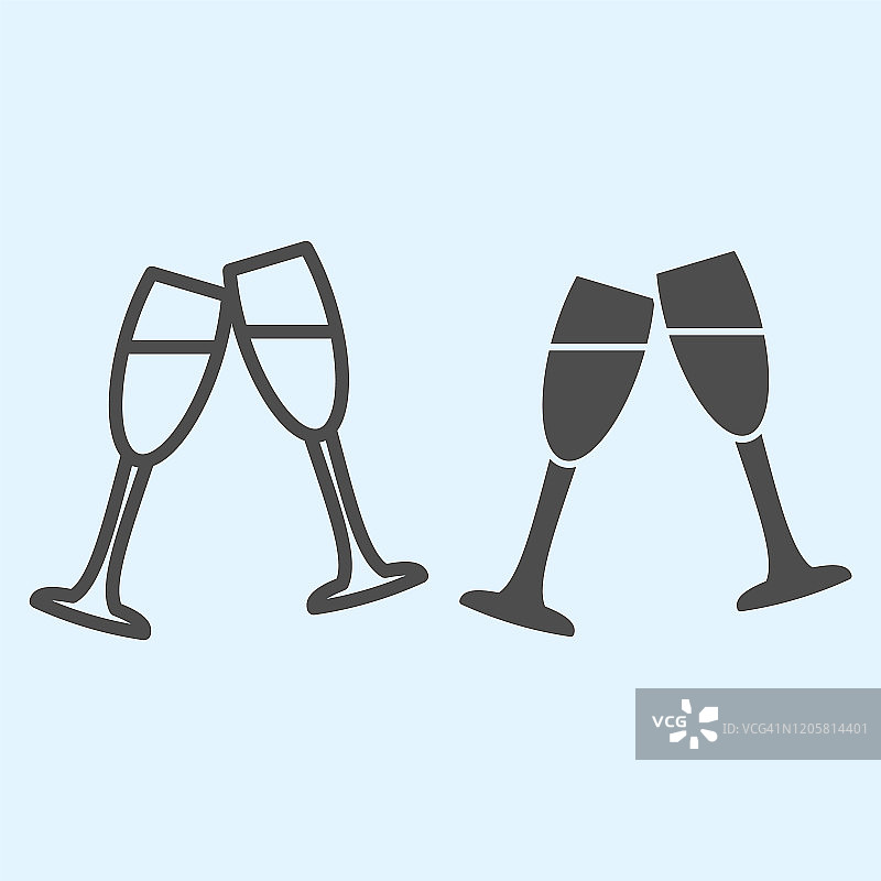香槟酒杯线和固体图标。两个酒缸，碰撞的浪漫标志。婚礼资产矢量设计概念，白色背景上的轮廓风格象形图，用于web和应用程序。Eps 10。图片素材