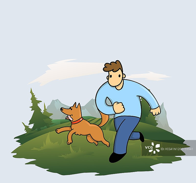 卡通人训练他的有趣的狗在森林和山脉的背景。人和狗在一起玩。平面向量插图。图片素材