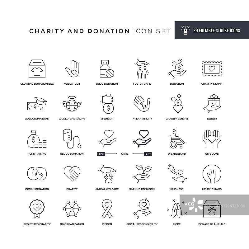 慈善和捐赠可编辑的描边线图标图片素材