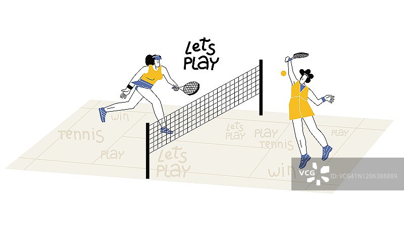 女性扁平人物在球场上打网球图片素材