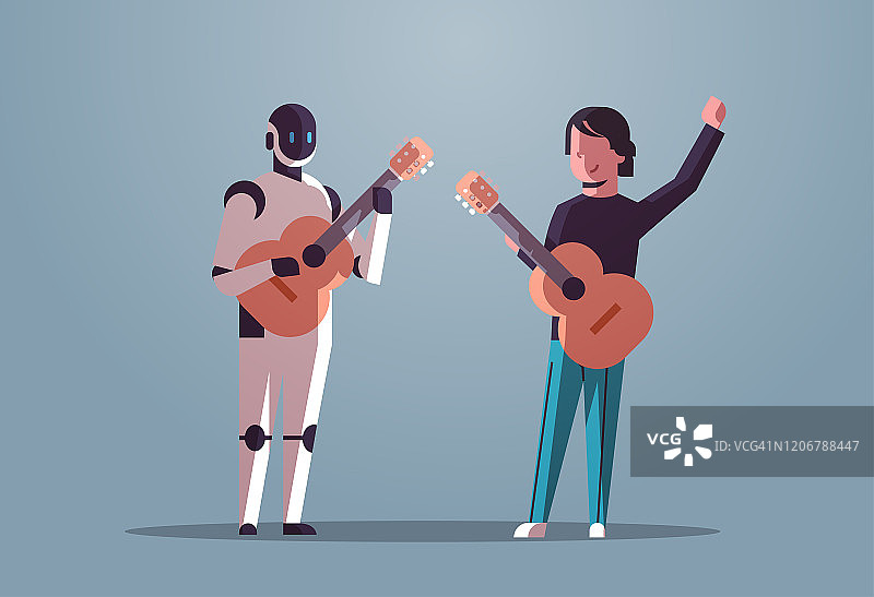 机器人音乐家与人吉他手演奏原声吉他机器人vs人类站在一起人工智能技术概念平全长水平图片素材