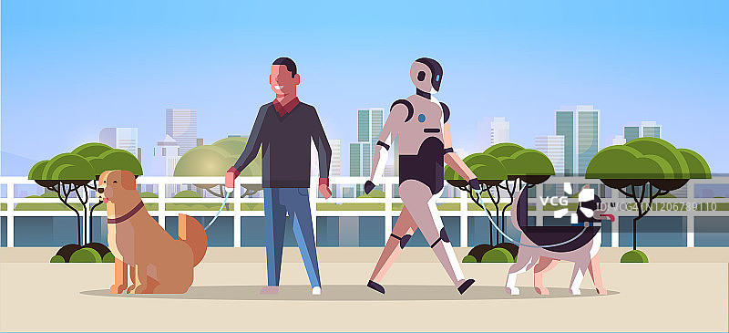 机器人人物和人与狗散步机器人vs人与宠物站在一起公园人工智能技术概念城市景观背景全长水平图片素材