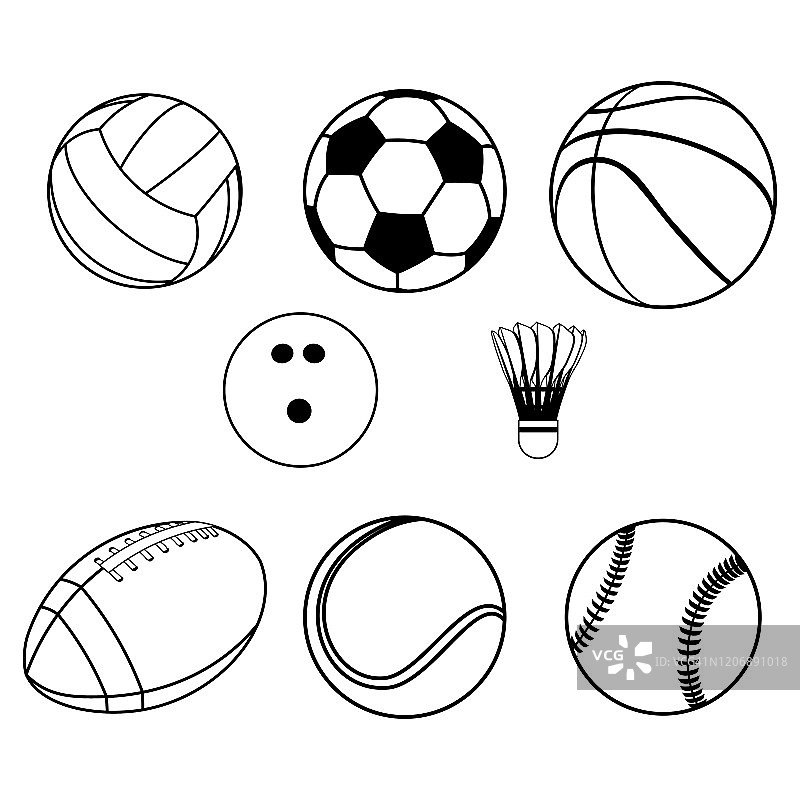 一套运动球设备轮廓矢量插图图片素材