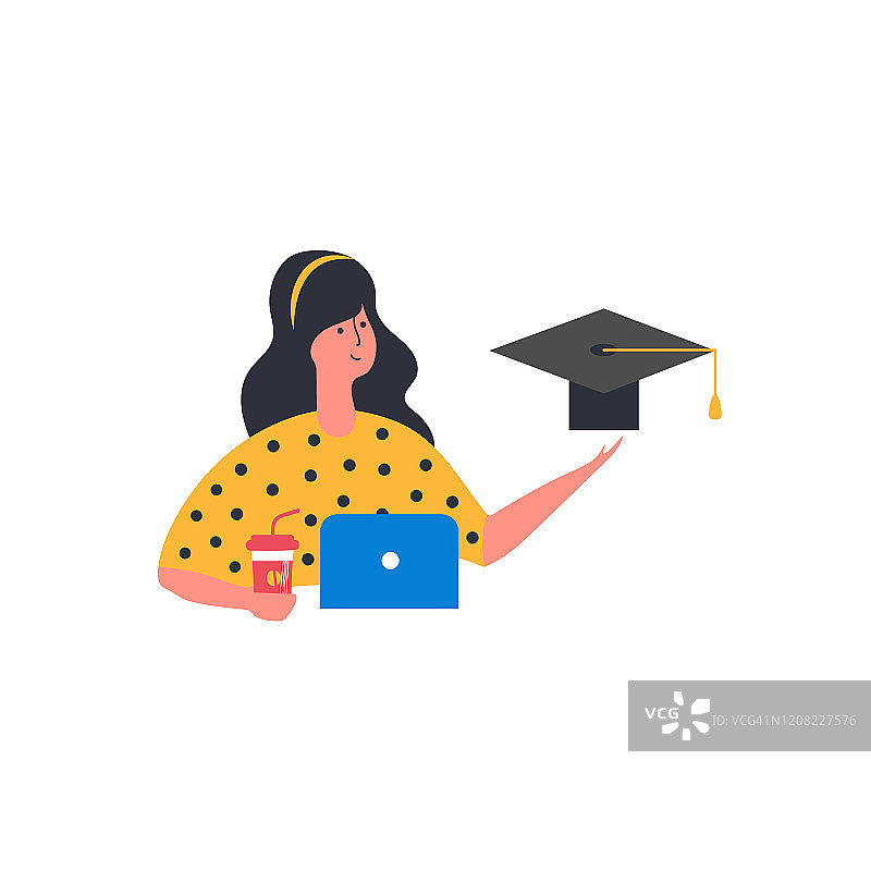 女孩，毕业帽，笔记本电脑，咖啡。图片素材