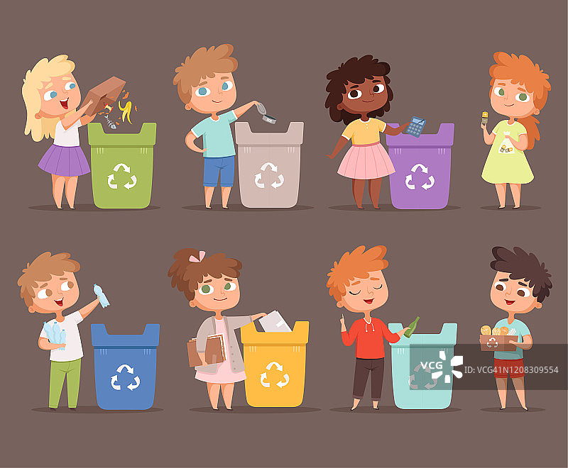 垃圾回收。孩子们保护环境生态理念，拯救自然，在垃圾桶里捡纸传人图片素材