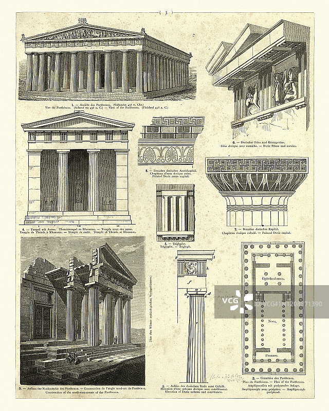 古希腊建筑的例子，帕台农神庙，多利安的中楣檐口，圆柱图片素材