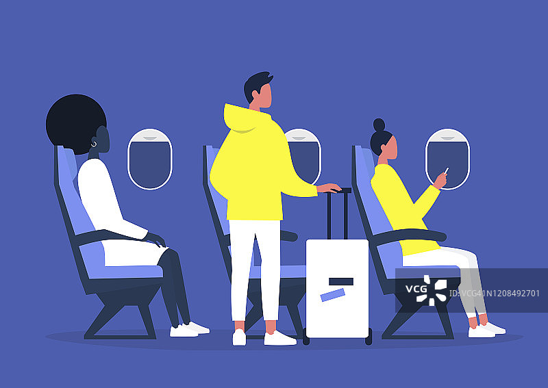 一群形形色色的年轻乘客在飞机内坐立，畅行遐想图片素材