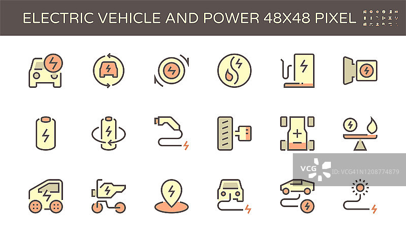 电动汽车和电源矢量图标设置，48x48像素完美和可编辑的笔触。图片素材