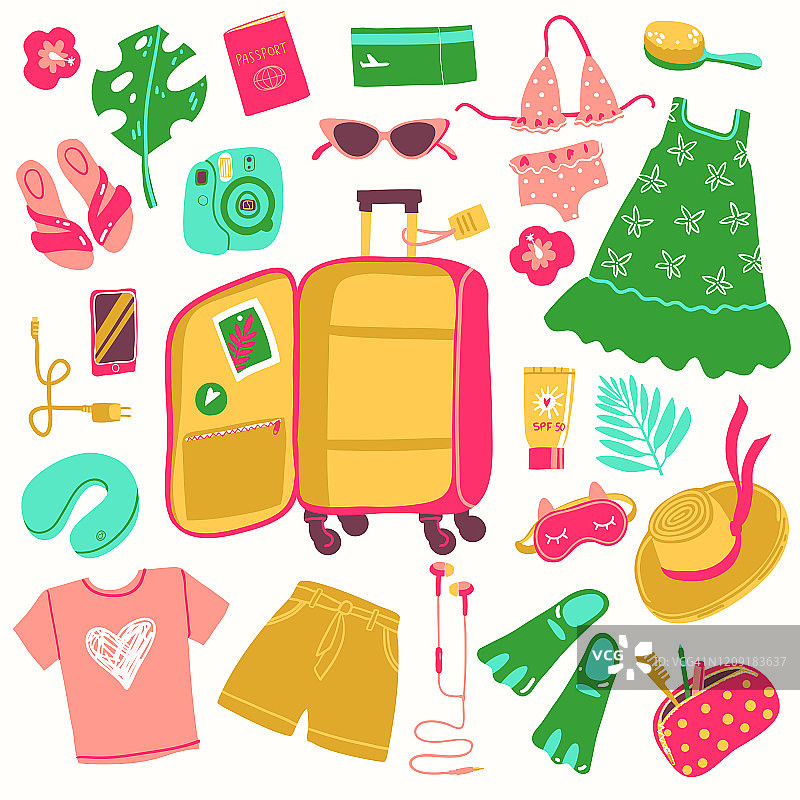 旅游插画元素，海上度假打包行李箱。向量图片素材