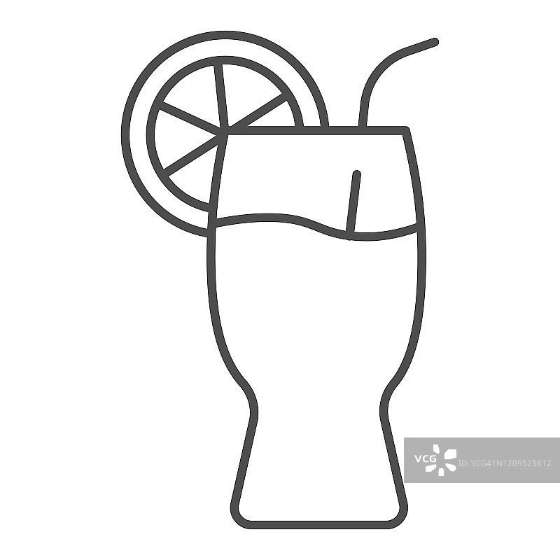 一杯柠檬水细线图标。夏季饮料矢量插图孤立白色。一杯果汁轮廓风格设计，专为网页和应用设计。Eps 10。图片素材