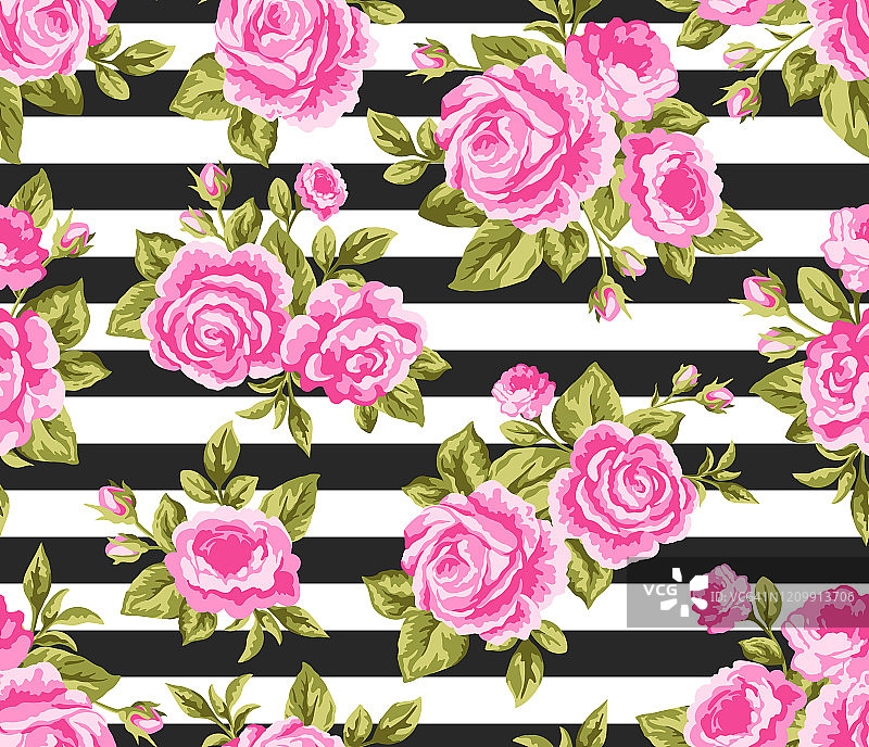 无缝花卉图案与粉红玫瑰和牡丹在黑色条纹的背景图片素材