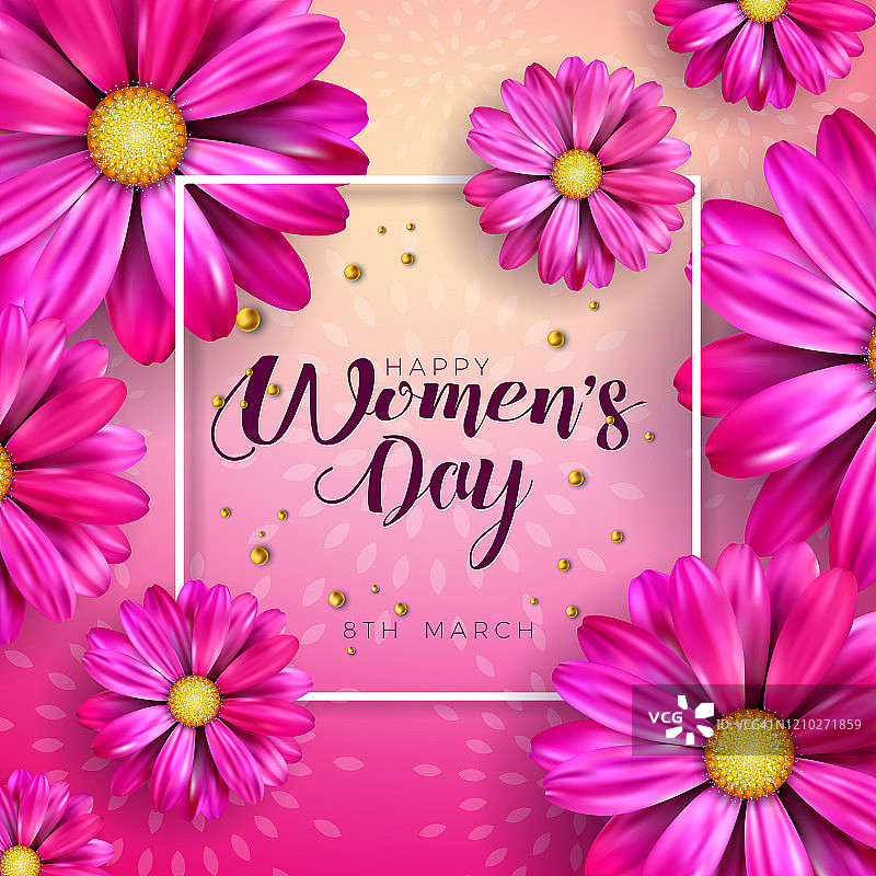 3月8日。妇女节庆祝设计与花和字体字体在粉红色的背景。矢量国际假日插图模板横幅，传单，邀请，海报或贺卡。图片素材