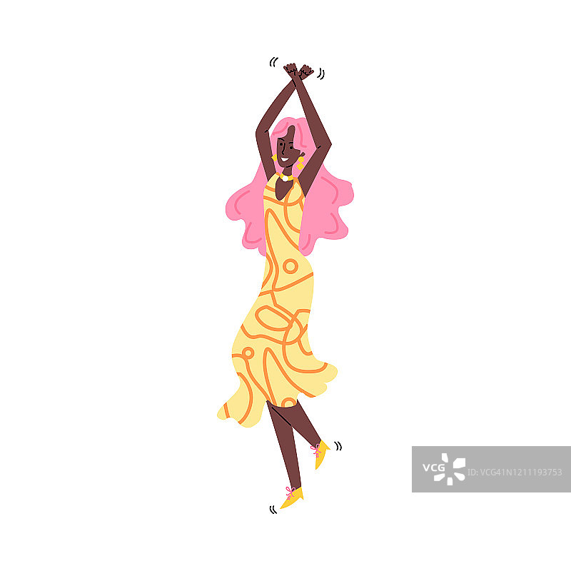 快乐的黑皮肤女孩跳舞在太阳裙和微笑-向量插图图片素材
