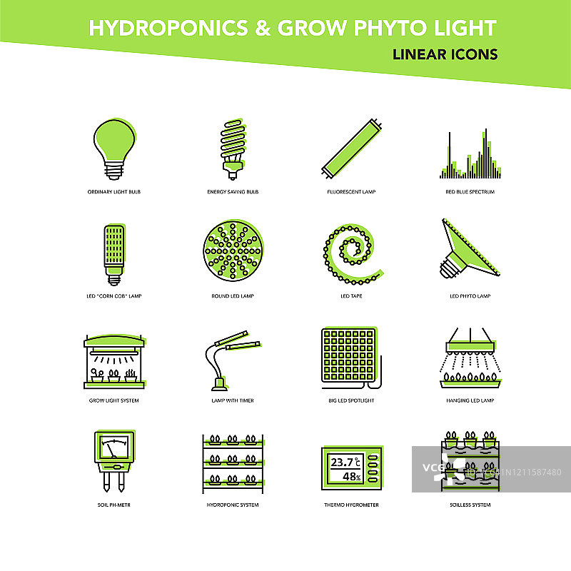 向量绿色线图标集-水培和生长led植物光图片素材