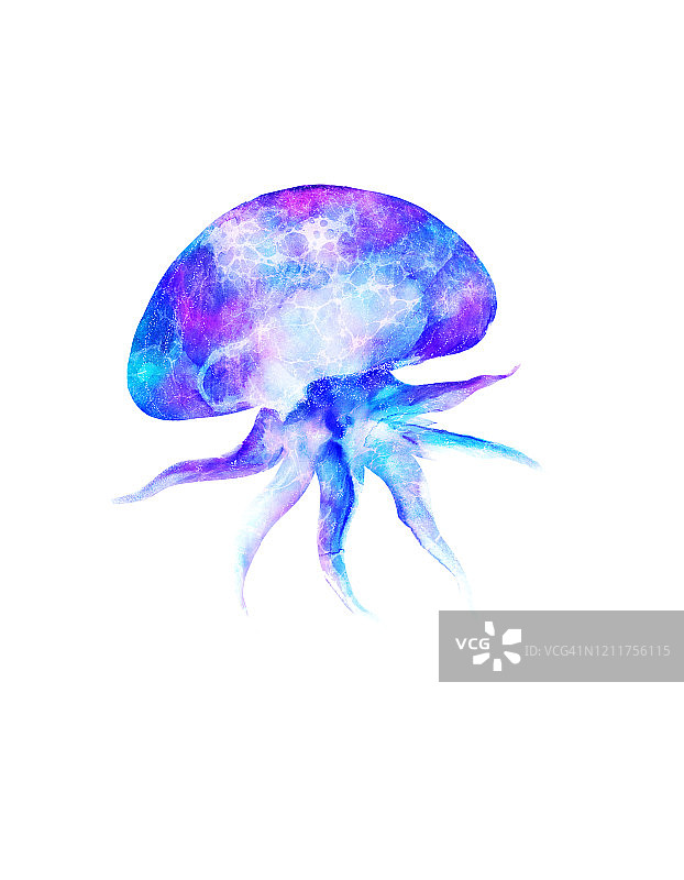 水彩水母在现代明亮的霓虹灯颜色孤立在白色的背景水下生动的插画在大尺寸设计元素在魔术风格，紫色蓝色紫罗兰辉光粉色流体彩色图片素材