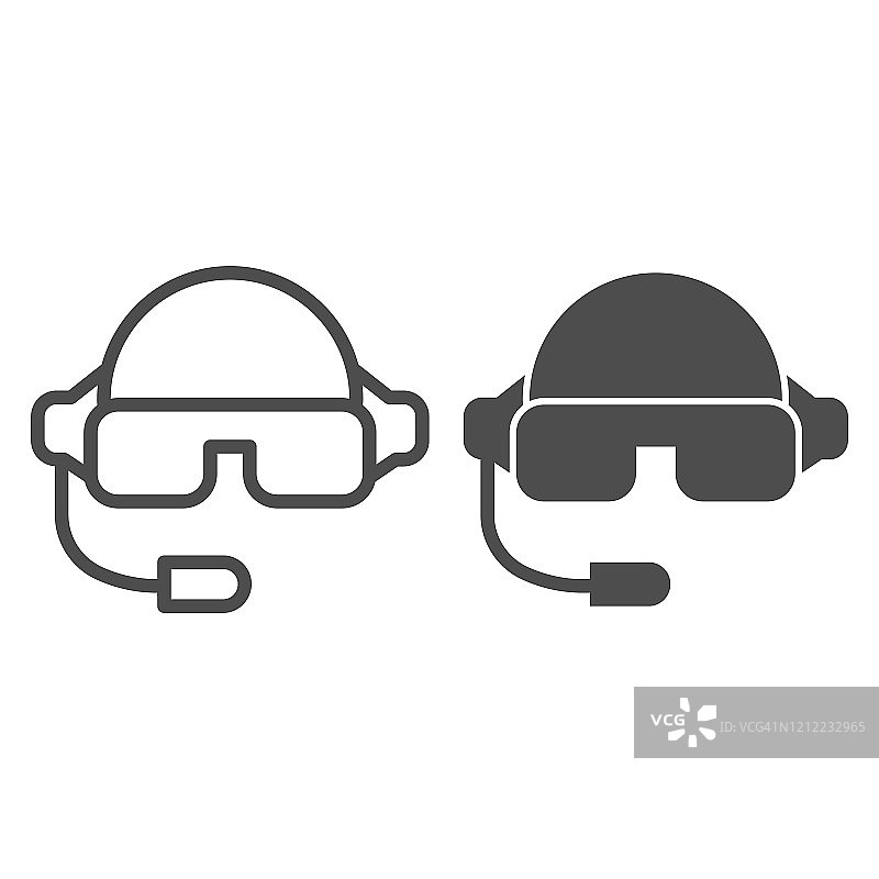 飞行员头盔线和固体图标。飞行员喷气面罩配眼镜和麦克风符号，轮廓风格的象形文字上的白色背景。移动概念和网页设计的战争标志。矢量图形。图片素材