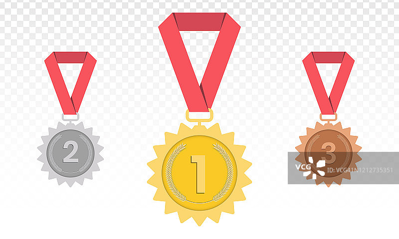 奖牌-金，银，铜。第一，第二和第三名。带红丝带的奖杯。平面风格-股票向量。图片素材