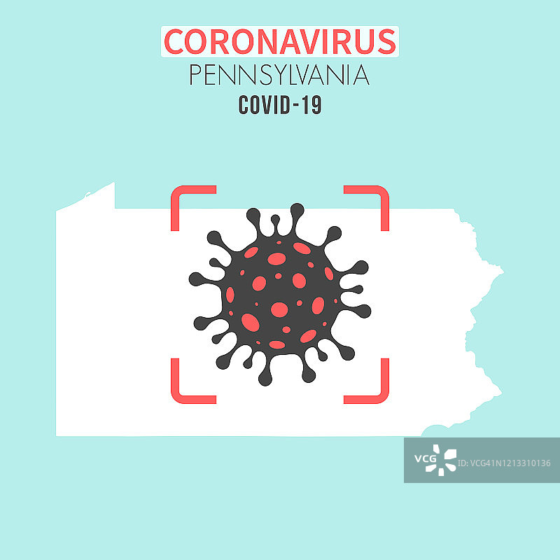 宾夕法尼亚州地图，红色取景器中有冠状病毒细胞(COVID-19)图片素材