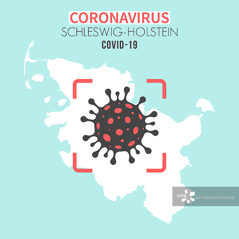 石勒苏益格-荷尔斯泰因地图，红色取景器中有冠状病毒(COVID-19)细胞图片素材