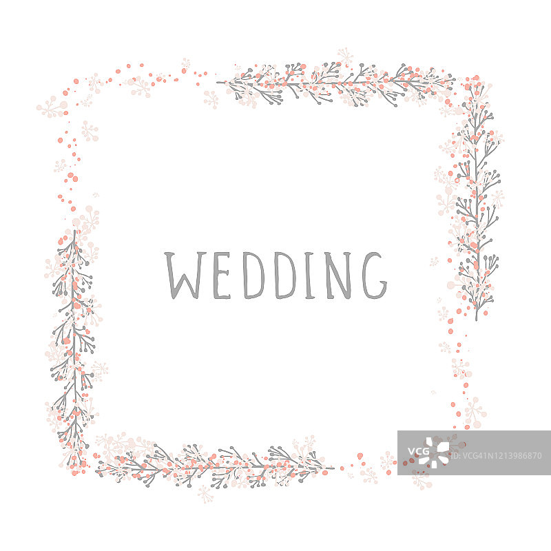 矢量手绘插图的文本婚礼和花卉矩形框架。图片素材