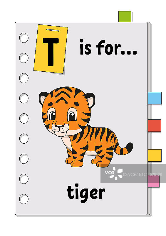 T代表老虎。儿童的ABC游戏。单词和字母。为了学英语而学单词。卡通人物。颜色向量插图。可爱的动物。图片素材