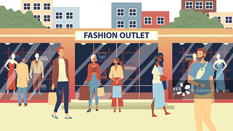 时尚Outlet的概念，大众市场的服装商店。时尚人士，买家或顾客步行城市街道附近的时尚服装精品店购买。卡通平的风格。矢量图图片素材
