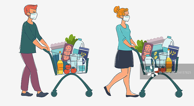 戴着白色医用口罩的妇女和男子推着手推车在超市购物。冠状病毒检疫媒介图解的概念图片素材