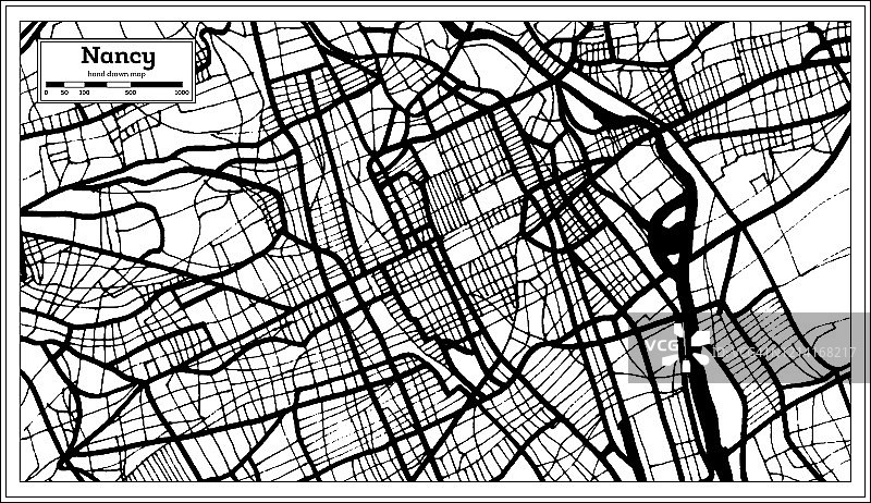 南希法国城市地图在黑白颜色在复古风格。略图。图片素材