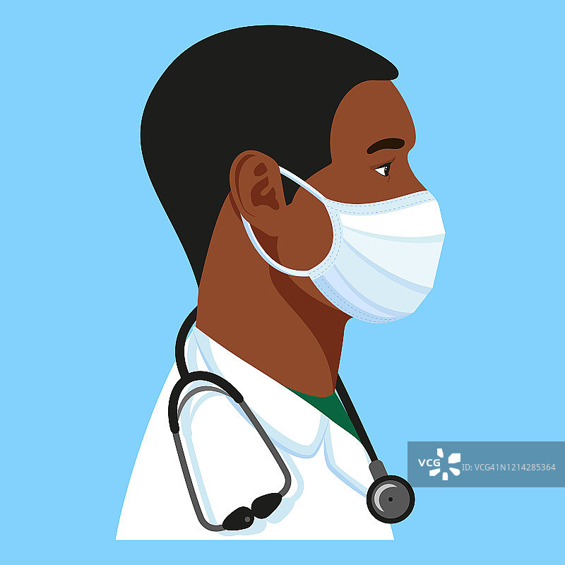 非裔美国男子医生与医疗面罩和听诊器阿凡达。医疗个人。治疗师。医院的护士。矢量插图。图片素材